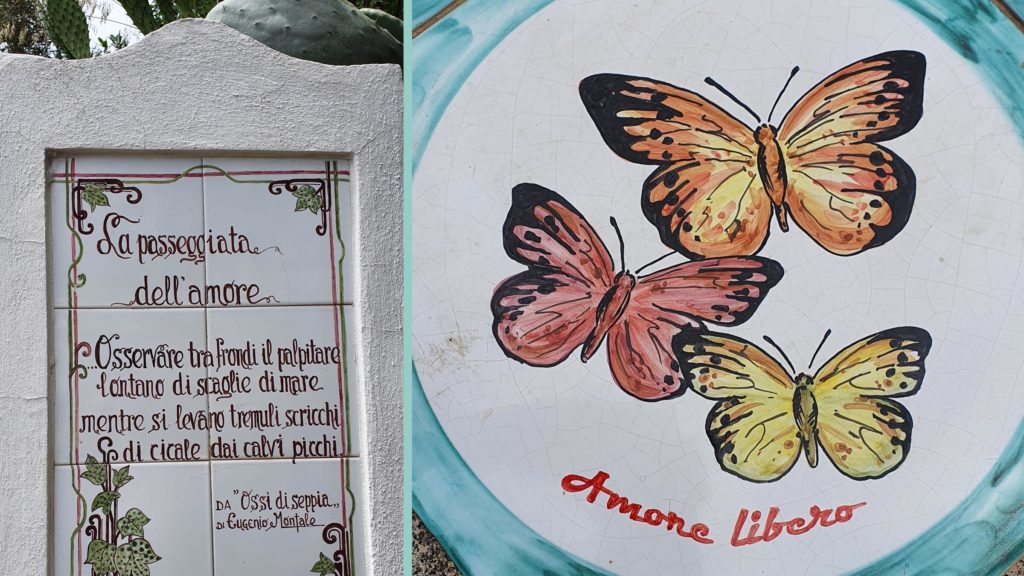 Zwei bemalte Fliesen, links mit einem Gedicht, rechts mit drei Schmetterlingen. Am "Passeggiata dell' Amore" in Furore dreht sich alles um die Liebe